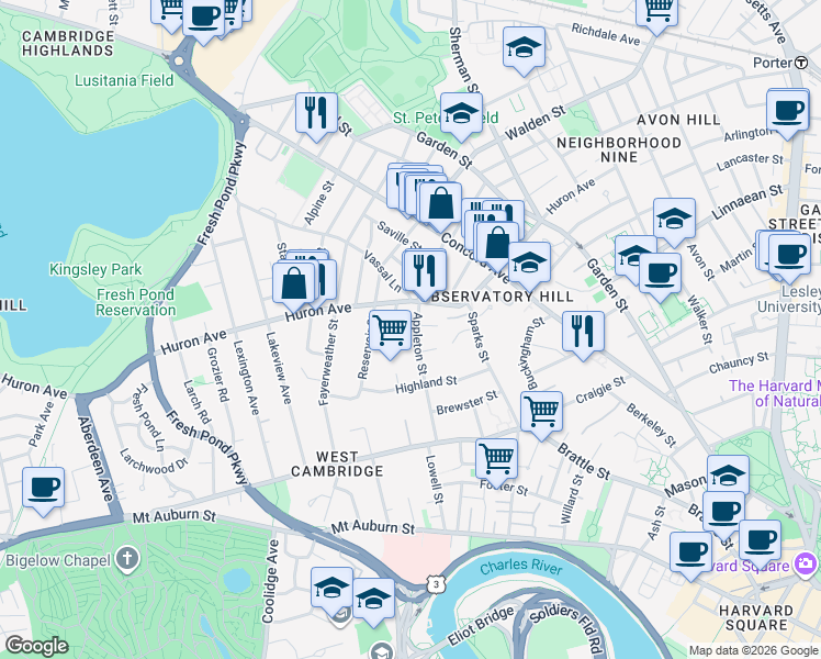 map of restaurants, bars, coffee shops, grocery stores, and more near 127 Appleton Street in Cambridge