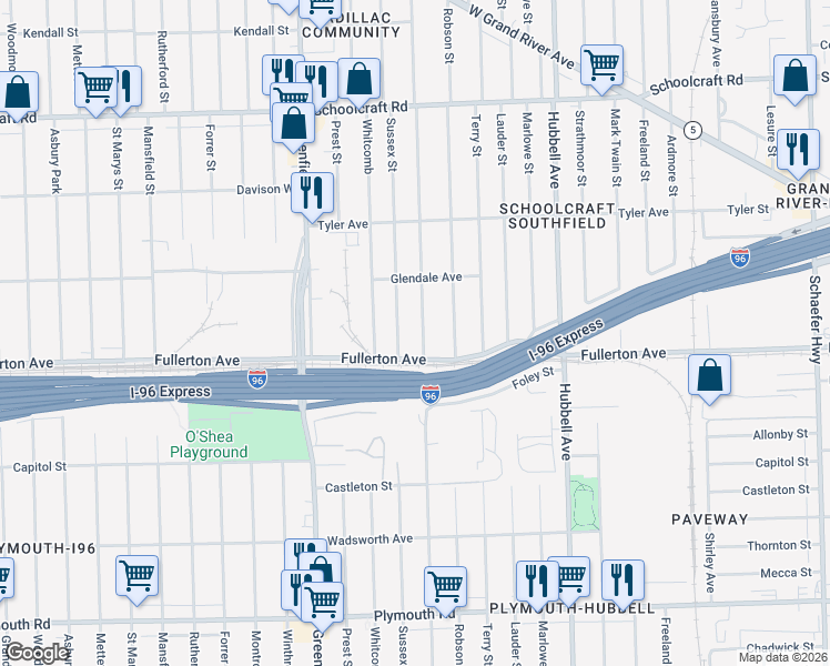 map of restaurants, bars, coffee shops, grocery stores, and more near 12671 Sussex Street in Detroit
