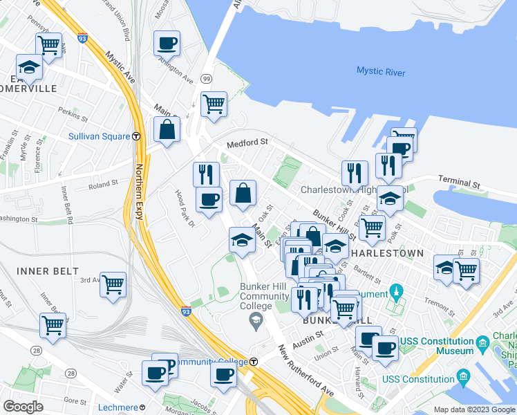 map of restaurants, bars, coffee shops, grocery stores, and more near 13 Auburn Street in Boston