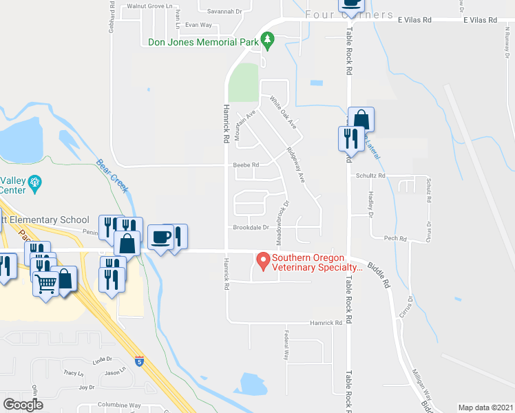 map of restaurants, bars, coffee shops, grocery stores, and more near 2559 Mistletoe Court in Central Point