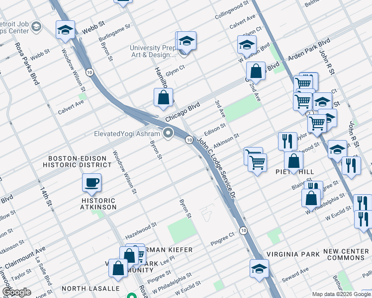 map of restaurants, bars, coffee shops, grocery stores, and more near 1147 Edison Street in Detroit