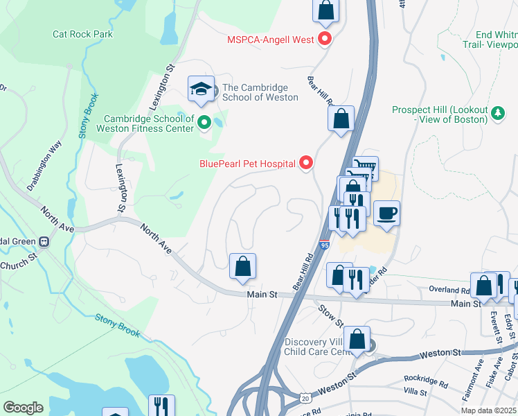 map of restaurants, bars, coffee shops, grocery stores, and more near 73 Kodiak Way in Waltham