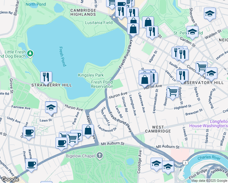 map of restaurants, bars, coffee shops, grocery stores, and more near 179 Larch Road in Cambridge
