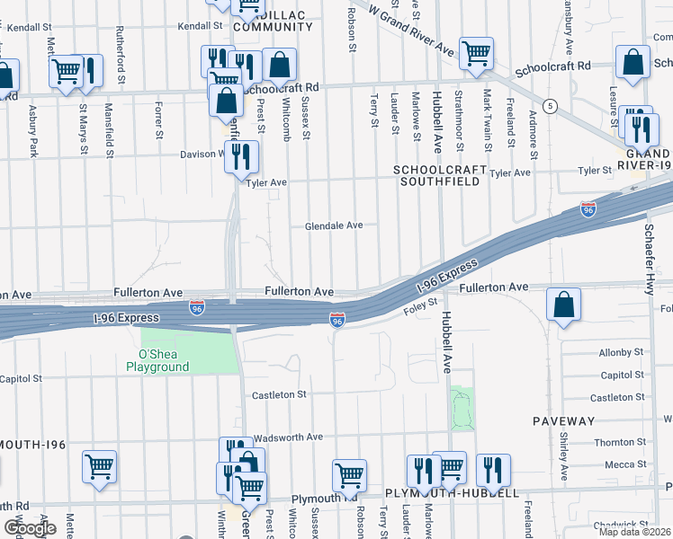 map of restaurants, bars, coffee shops, grocery stores, and more near 12674 Coyle Street in Detroit