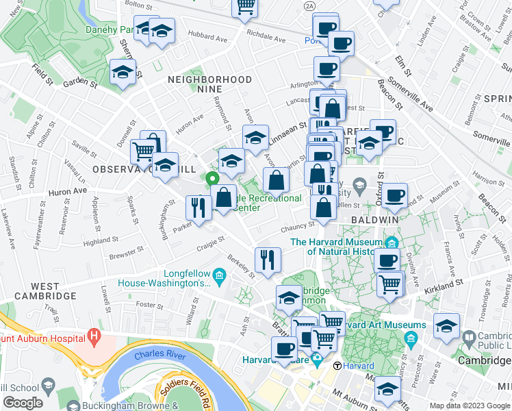 map of restaurants, bars, coffee shops, grocery stores, and more near 53 Shepard Street in Cambridge