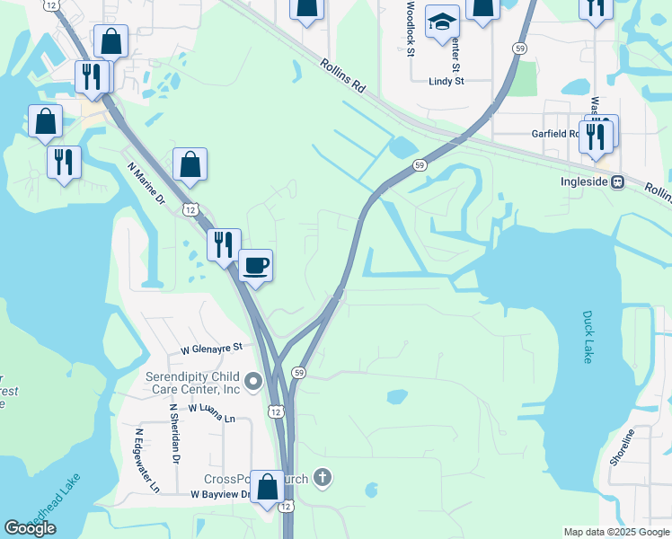 map of restaurants, bars, coffee shops, grocery stores, and more near 706 Illinois Route 59 in Ingleside