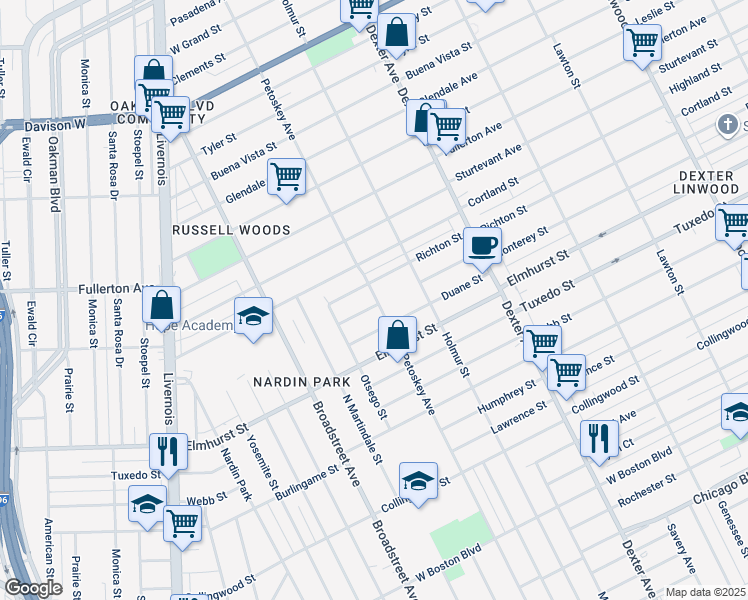 map of restaurants, bars, coffee shops, grocery stores, and more near 4200 Monterey Street in Detroit