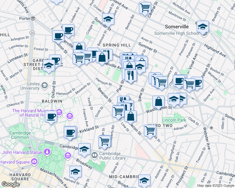 map of restaurants, bars, coffee shops, grocery stores, and more near 54 Park Street in Somerville