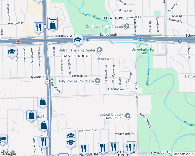 map of restaurants, bars, coffee shops, grocery stores, and more near 12740 Grayfield Street in Detroit