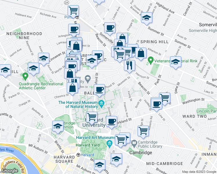 map of restaurants, bars, coffee shops, grocery stores, and more near Hammond St & Gorham St in Mid-Cambridge