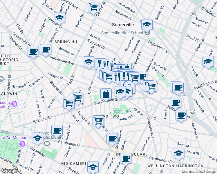 map of restaurants, bars, coffee shops, grocery stores, and more near 400 Somerville Avenue in Somerville