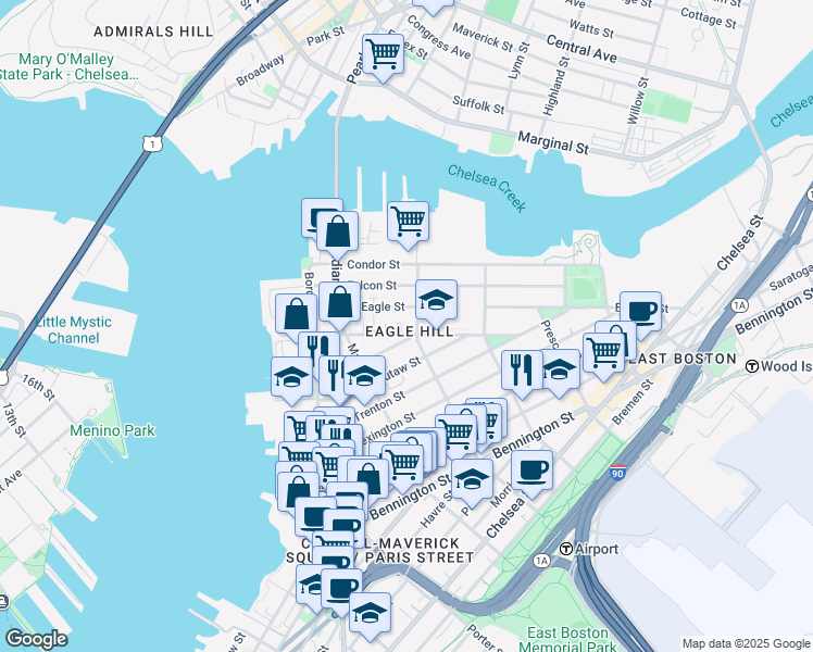 map of restaurants, bars, coffee shops, grocery stores, and more near 78 White Street in Boston