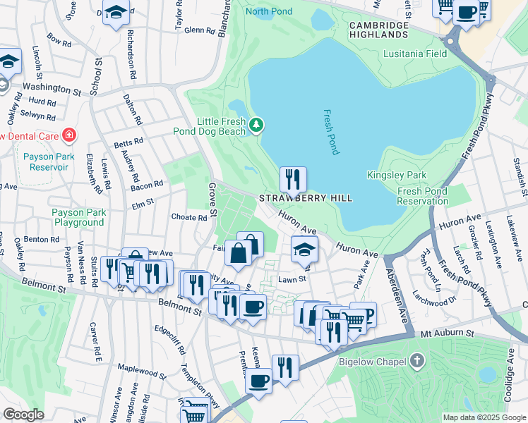 map of restaurants, bars, coffee shops, grocery stores, and more near 700 Huron Avenue in Cambridge