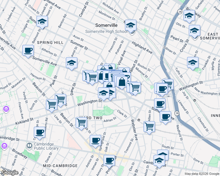 map of restaurants, bars, coffee shops, grocery stores, and more near 1 Bow Market Way in Somerville