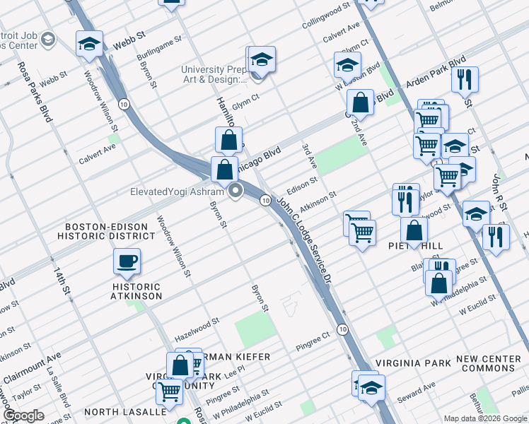 map of restaurants, bars, coffee shops, grocery stores, and more near 1147 Edison St in Detroit