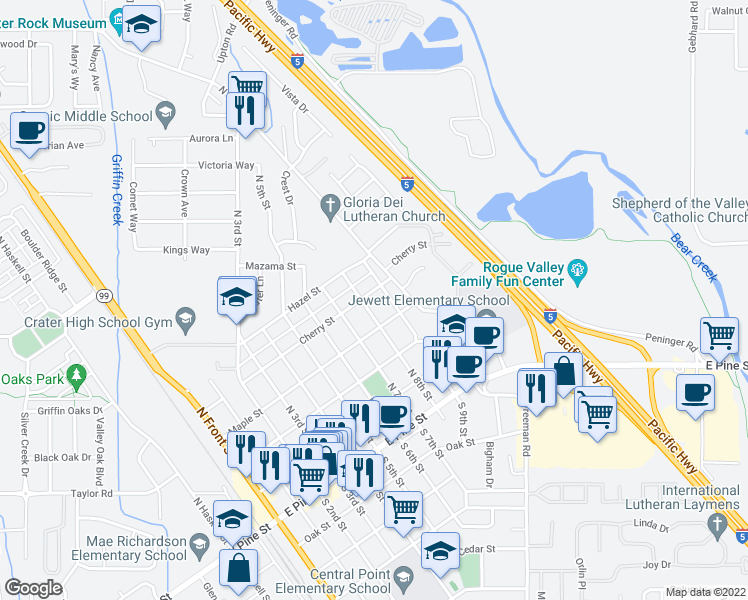 map of restaurants, bars, coffee shops, grocery stores, and more near 795 Cherry Street in Central Point