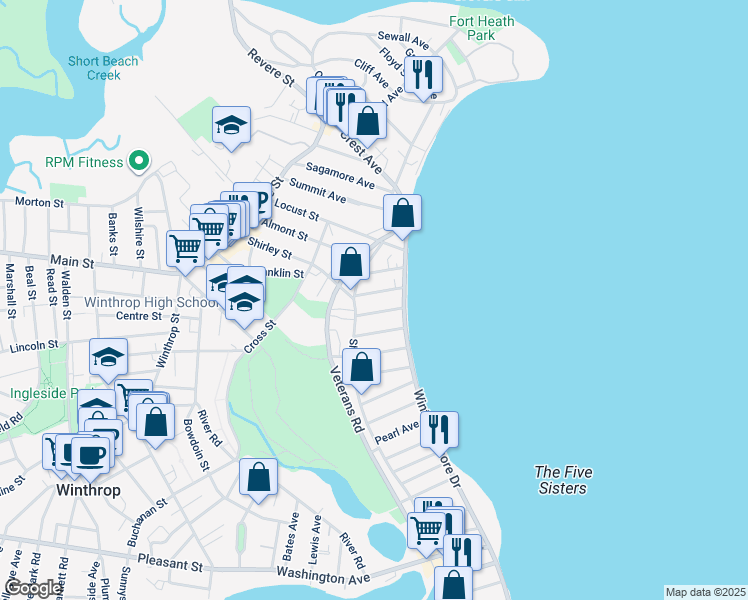map of restaurants, bars, coffee shops, grocery stores, and more near 21 Hawthorn Avenue in Winthrop