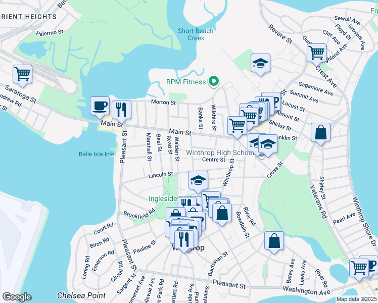 map of restaurants, bars, coffee shops, grocery stores, and more near 158 Hermon Street in Winthrop