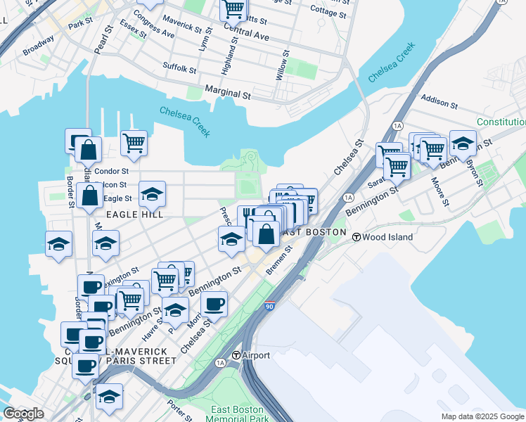 map of restaurants, bars, coffee shops, grocery stores, and more near 8 Shelby Street in Boston
