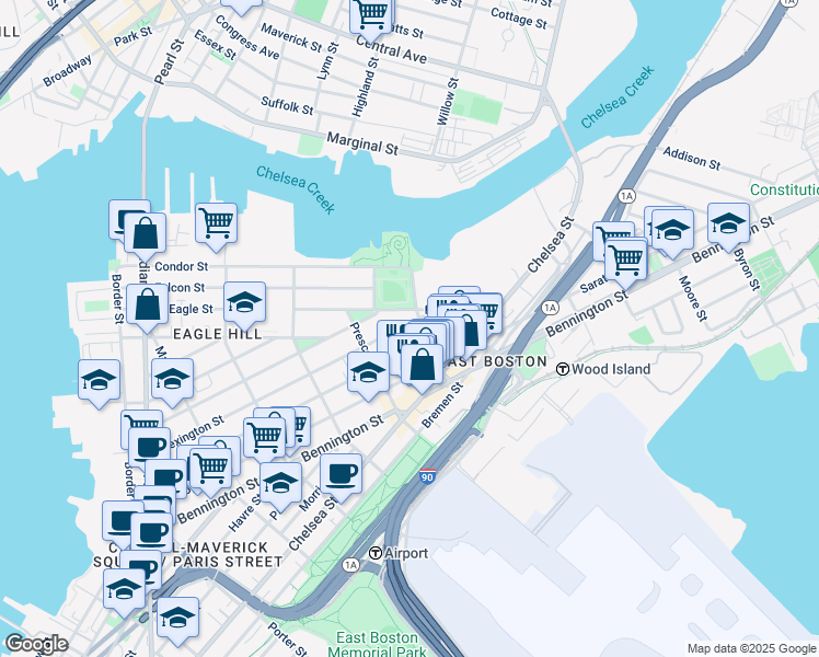 map of restaurants, bars, coffee shops, grocery stores, and more near 286 Lexington Street in Boston