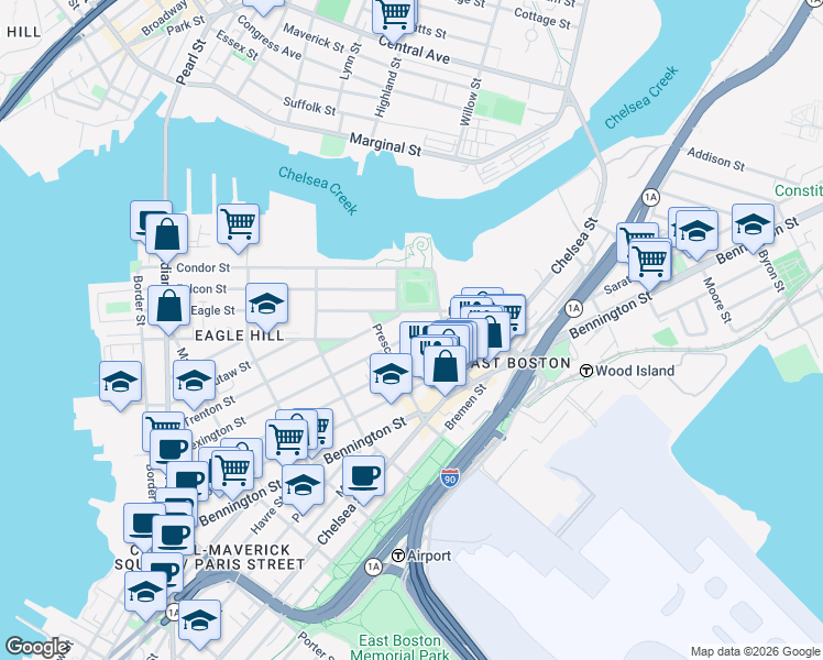 map of restaurants, bars, coffee shops, grocery stores, and more near 286 Lexington Street in Boston