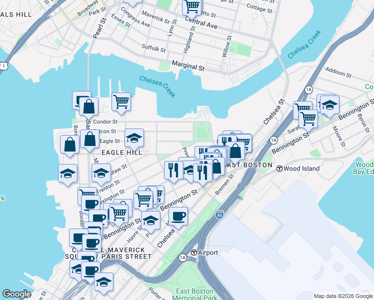 map of restaurants, bars, coffee shops, grocery stores, and more near 217 Trenton Street in Boston
