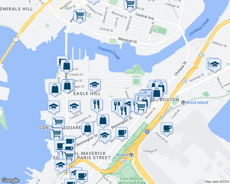 map of restaurants, bars, coffee shops, grocery stores, and more near 217 East Eagle Street in Boston