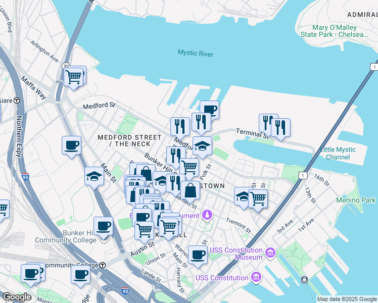 map of restaurants, bars, coffee shops, grocery stores, and more near 102 Pearl Street in Boston