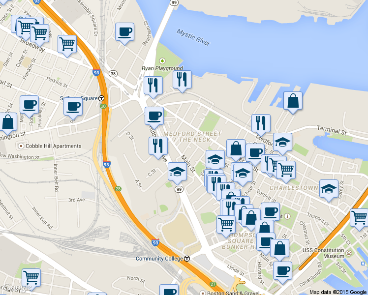 map of restaurants, bars, coffee shops, grocery stores, and more near 3 Albion Place in Boston