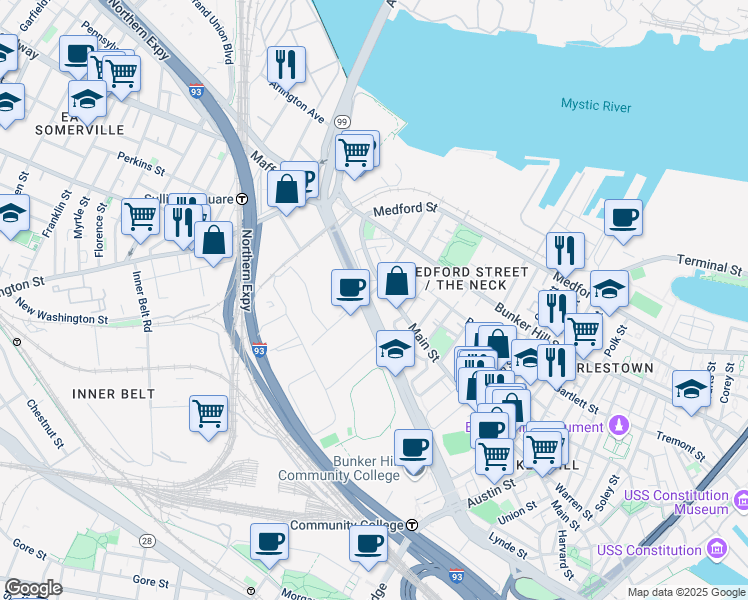 map of restaurants, bars, coffee shops, grocery stores, and more near 32 Baldwin Street in Boston