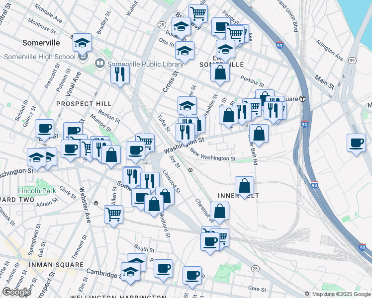 map of restaurants, bars, coffee shops, grocery stores, and more near in Somerville