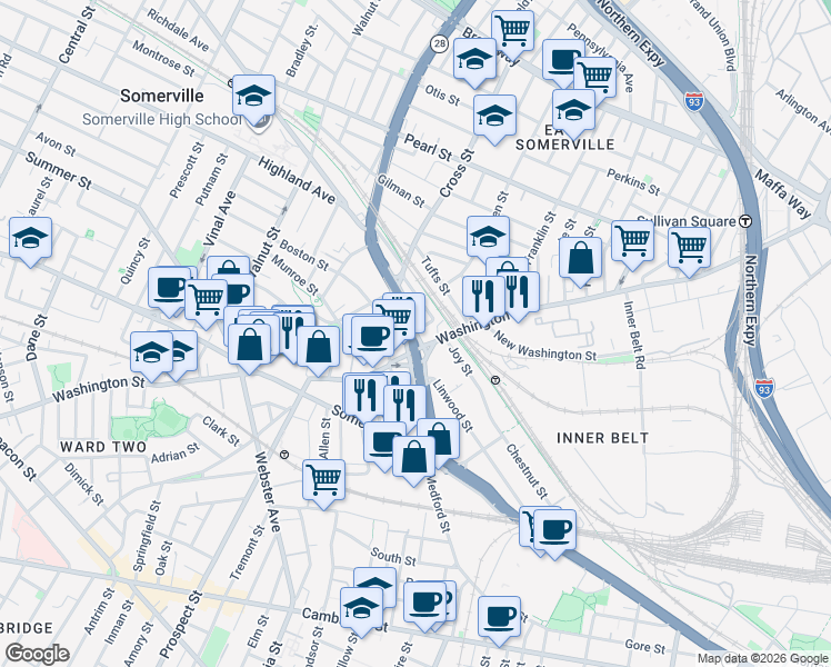 map of restaurants, bars, coffee shops, grocery stores, and more near 57 Alston Street in Somerville