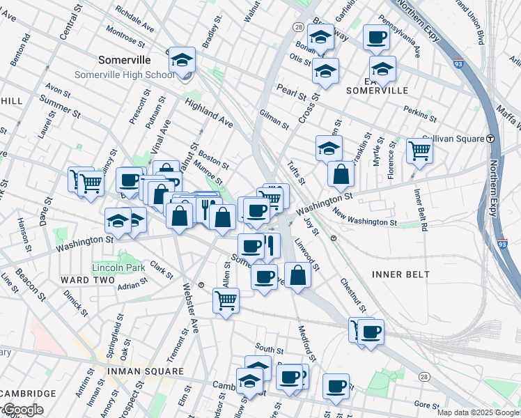 map of restaurants, bars, coffee shops, grocery stores, and more near 22 Boston Street in Somerville