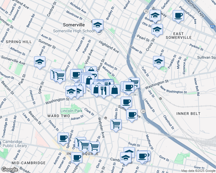 map of restaurants, bars, coffee shops, grocery stores, and more near 38 Columbus Avenue in Somerville