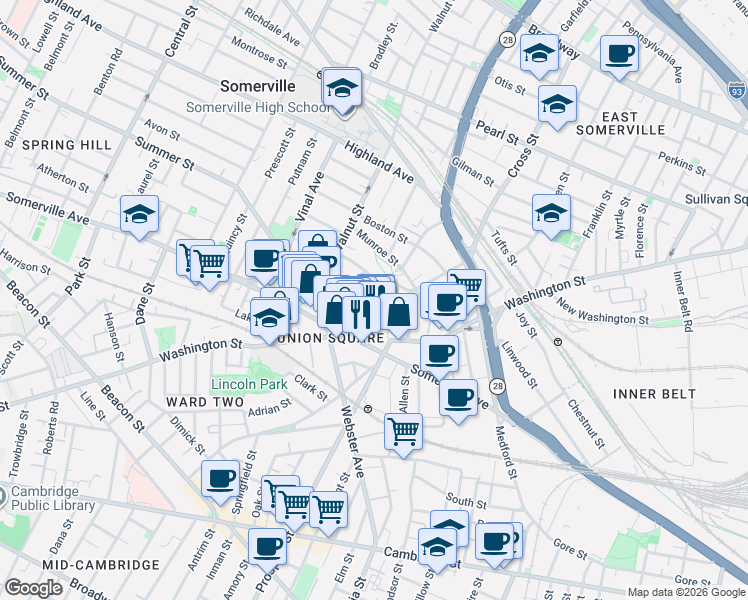 map of restaurants, bars, coffee shops, grocery stores, and more near 38 Columbus Avenue in Somerville