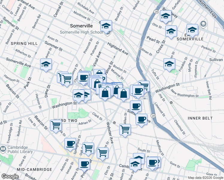 map of restaurants, bars, coffee shops, grocery stores, and more near 13 Warren Avenue in Somerville