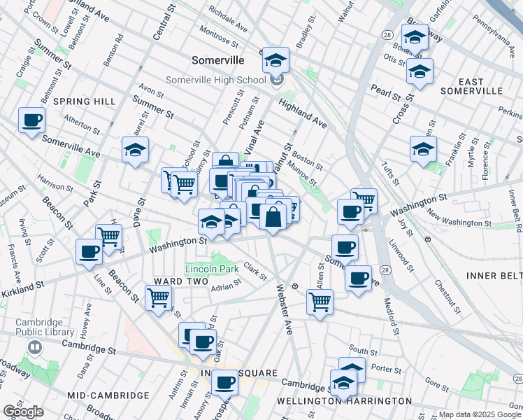 map of restaurants, bars, coffee shops, grocery stores, and more near 17 Bow Street in Somerville
