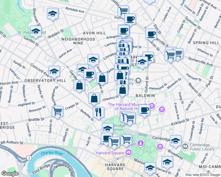 map of restaurants, bars, coffee shops, grocery stores, and more near 19 Rutland Street in Cambridge