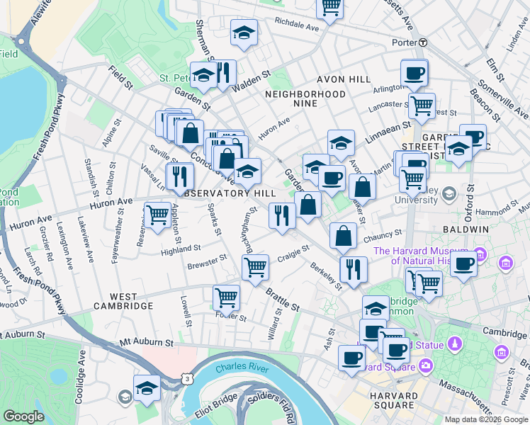 map of restaurants, bars, coffee shops, grocery stores, and more near 54 Concord Avenue in Cambridge