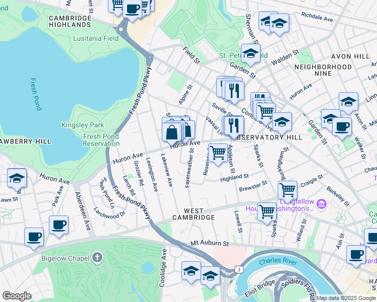map of restaurants, bars, coffee shops, grocery stores, and more near 75 Fayerweather Street in Cambridge