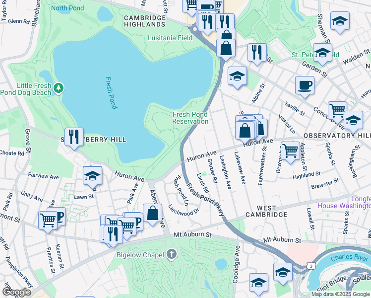 map of restaurants, bars, coffee shops, grocery stores, and more near 150 Fresh Pond Parkway in Cambridge