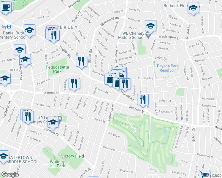 map of restaurants, bars, coffee shops, grocery stores, and more near 144 Trapelo Road in Belmont