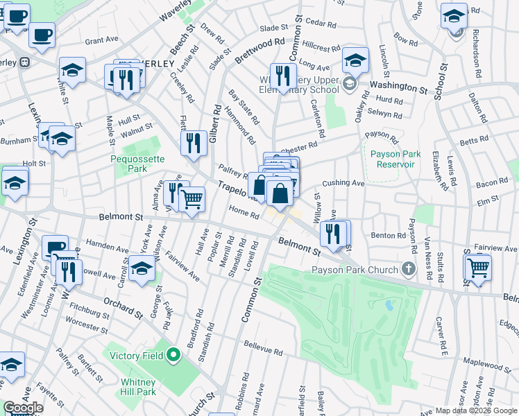 map of restaurants, bars, coffee shops, grocery stores, and more near 144 Trapelo Road in Belmont