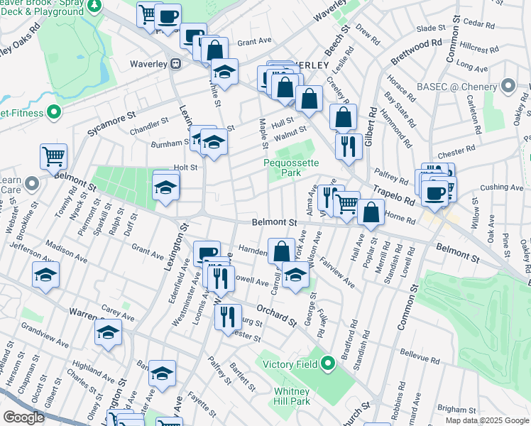 map of restaurants, bars, coffee shops, grocery stores, and more near 21-23 Jonathan Street in Belmont