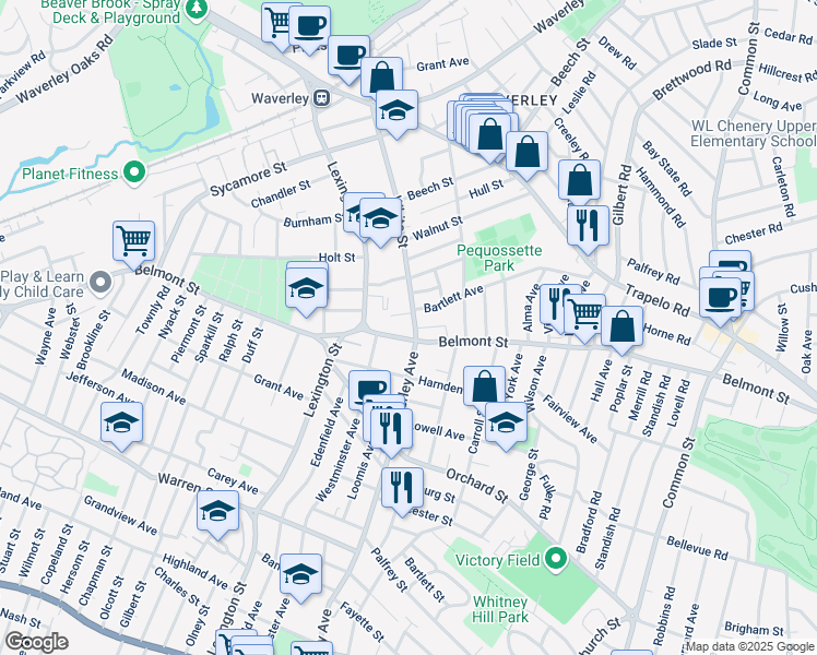 map of restaurants, bars, coffee shops, grocery stores, and more near in Belmont