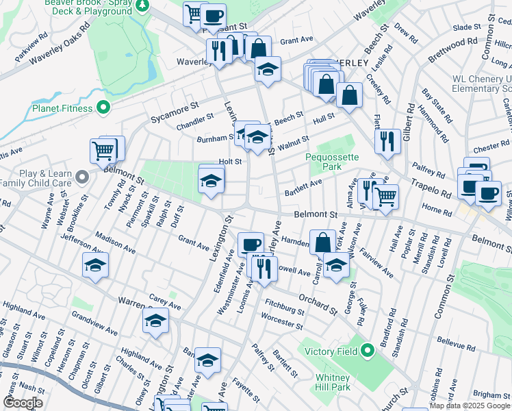 map of restaurants, bars, coffee shops, grocery stores, and more near 212 Lexington Street in Belmont