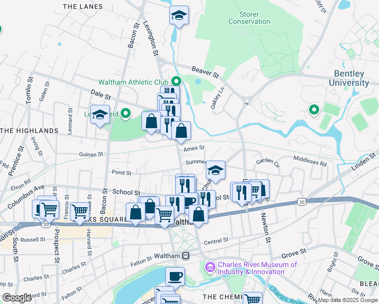 map of restaurants, bars, coffee shops, grocery stores, and more near 24 Lexington Terrace in Waltham