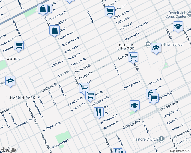 map of restaurants, bars, coffee shops, grocery stores, and more near 3210 Webb Street in Detroit