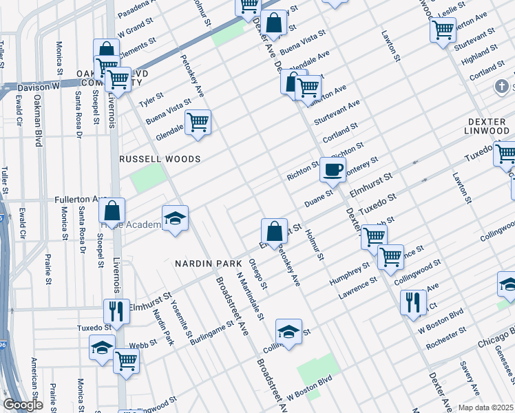 map of restaurants, bars, coffee shops, grocery stores, and more near 4200 Monterey Street in Detroit