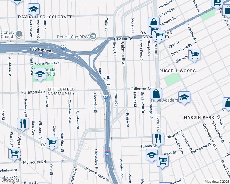 map of restaurants, bars, coffee shops, grocery stores, and more near 7501 Fullerton Avenue in Detroit
